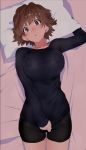  1girl :o arm_up bangs bed_sheet bike_shorts black_shirt blue_eyes blush breasts brown_hair collarbone commentary_request covered_navel covering covering_crotch cowboy_shot erect_nipples erect_nipples_under_clothes eyebrows_visible_through_hair from_above head_tilt highres honda_mio idolmaster idolmaster_cinderella_girls kitou_sakeru large_breasts long_sleeves nose_blush parted_lips pillow shirt shirt_pull short_hair sleeves_past_wrists solo tareme taut_clothes taut_shirt 