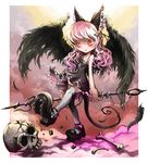  black_wings bone bow chains cleats crack dress feathers monster_girl orange_eyes original pink_hair pointy_ears polearm shoes skull spear spikes tail ume_(illegal_bible) weapon wings 