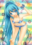  aoi_yuuka_(ao_no_kokoro) aqua_eyes aqua_hair bikini blush hatsune_miku leaning_forward long_hair marker_(medium) navel open_mouth ponytail project_diva_(series) project_diva_2nd smile solo striped striped_background swimsuit swimwear_(module) swimwear_b_(module) traditional_media very_long_hair vocaloid wristband 