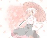  animal_ears bare_shoulders detached_sleeves floral_background hat inubashiri_momiji leaf looking_at_viewer maple_leaf red_eyes shino_megumi short_hair skirt smile solo tokin_hat touhou umbrella white_hair wolf_ears 