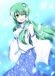  blush breasts chata_maru_(irori_sabou) detached_sleeves frog_hair_ornament green_eyes green_hair hair_ornament hair_tubes highres kochiya_sanae long_hair medium_breasts navel one_eye_closed open_mouth smile snake_hair_ornament solo touhou 