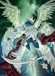  angel angel_wings aurore bent_over boots closed_eyes crown flying knee_boots long_hair multiple_wings original seraph solo sword weapon white_hair wings 
