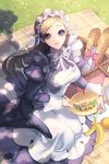  apron artist_request banana basket blue_eyes bread breasts brown_hair cup food frills fruit large_breasts long_hair lowres maid maid_headdress picnic ribbon sitting solo sword_girls 