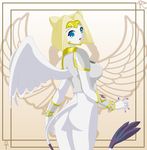  anthro blonde_hair blue_eyes bracelet breasts butt digimon female hair jewelry looking_at_viewer looking_back nefertimon pawprint solo tail unknown_artist white white_body white_feathers wings 