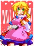  alternate_hairstyle apron barcode_scanner blonde_hair can cashier dress employee_uniform gin_(shioyude) green_eyes highres mizuhashi_parsee name_tag open_mouth pen pointy_ears ponytail solo touhou uniform 