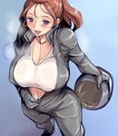  american_oppai-san areolae blue_eyes blush bodysuit breasts brown_hair covered_nipples gradient gradient_background headwear_removed helmet helmet_removed huge_breasts long_hair navel open_clothes open_mouth original ponytail see-through smile solo sweat tank_top tsuda_nanafushi unzipping wet wet_clothes 
