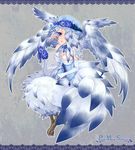  blue_eyes blue_hair breasts cleavage corset earring earrings feathers flower harpy hat highres jewelry lyre monster_girl pointy_ears talons wings 