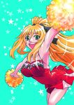  breasts cheerleader dress green_eyes hoshino_kouichirou impossible_clothes lisa_vayu long_hair medium_breasts open_mouth pom_poms ponytail popcorn_avatar red_dress smile solo star 