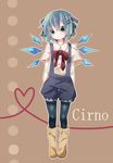  alternate_costume argyle argyle_legwear bad_id bad_pixiv_id boots character_name cirno contemporary doraemon_(artist) green_eyes hair_ornament hairclip heart heart_of_string overalls pantyhose shorts solo standing suspenders touhou 