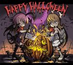  2girls arrow belt blonde_hair blue_eyes cross feathers hacksaw halloween halo horns jack-o&#039;-lantern jack-o'-lantern monster_girl moon multiple_girls nail pain pink_hair plant pumpkin saw skull smile tail torture ume_(illegal_bible) white_eyes wings yellow_eyes 