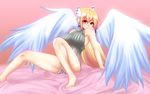  angel_wings astraea bare_shoulders blonde_hair blush hair_ornament highres legs red_eyes solo sora_no_otoshimono turtleneck wings 