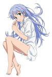 :3 barefoot blue_hair dress_shirt face feet full_body green_eyes hands highres index legs long_hair long_legs shirt simple_background sleeves_rolled_up smile smile_(rz) solo to_aru_majutsu_no_index white_shirt 