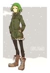  annoyed bad_id bad_pixiv_id boots breath character_name green_eyes green_hair gumi haru_(oomr005) highres jacket pantyhose short_hair shorts snow solo vocaloid 