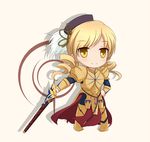  armor beret blonde_hair color_connection command_spell cosplay creator_connection drill_hair ea_(fate/stay_night) earrings fate/zero fate_(series) gilgamesh gilgamesh_(cosplay) hair_ornament hat jewelry magical_girl mahou_shoujo_madoka_magica parody sevendayswar solo sword tomoe_mami urobuchi_gen weapon white_background yellow_eyes 