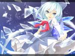  bad_id bad_pixiv_id blue_eyes bow cirno dress hair_bow ice looking_at_viewer short_hair snowflakes solo touhou wakame_mi wings 