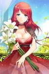  belt blue_eyes bra breasts choker cleavage cropped_jacket dress earrings flower gilse jewelry large_breasts lily_(flower) lingerie long_hair looking_at_viewer lowres nail_polish panties red_dress red_hair rihanna see-through smile solo sword_girls underwear 