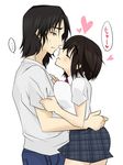  1girl arm_grab ayase_fuuka bad_id bad_pixiv_id black_eyes black_hair blush breast_press breasts brown_hair closed_eyes couple eyebrows hand_on_another's_chest hand_on_back heart height_difference hetero imminent_kiss large_breasts miyamoto_rizu mr_koiwai plaid plaid_skirt school_uniform short_hair skirt sweat thick_eyebrows unmoving_pattern yotsubato! 