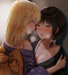  2girls after_kiss alternate_costume back_bow bangs bare_shoulders black_kimono blonde_hair blush bow breasts breath brown_hair cleavage collarbone commentary_request eye_contact eyebrows_visible_through_hair floral_print fumei_(mugendai) hair_bow half-closed_eyes hand_on_another&#039;s_shoulder heavy_breathing japanese_clothes kimono large_bow long_hair long_sleeves looking_at_another maribel_hearn multiple_girls nose_blush off_shoulder open_mouth orange_eyes pink_eyes print_kimono profile purple_kimono saliva saliva_trail shiny shiny_hair short_hair small_breasts sweat touhou upper_body upper_teeth usami_renko white_bow yellow_bow yuri 