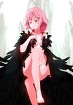  barefoot blush bookseve breasts cleavage crossed_legs feathers guilty_crown highres long_hair long_legs nude pink_hair pout red_eyes sitting small_breasts solo twintails yuzuriha_inori 