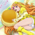  ass boots bow bread circlet cure_muse_(yellow) eyelashes food frills hair_ribbon heart knee_boots long_hair lying magical_girl mameshiba on_side orange_hair panties precure purple_eyes ribbon shirabe_ako skirt smile solo suite_precure underwear white_panties yellow_bow 