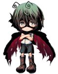  :&lt; androgynous antennae bad_id bad_pixiv_id boots cape chibi cream_(nipakupa) crossed_arms full_body green_hair grey_eyes lowres mask shirt short_hair shorts solo tomboy torn_cape touhou transparent_background wriggle_nightbug 