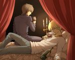  alcohol bad_id bad_pixiv_id blonde_hair bottle bracelet brown_eyes brown_hair candle casual cross cup drinking_glass fate/zero fate_(series) from_behind gilgamesh highres jewelry kotomine_kirei kudou_akira male_focus multiple_boys necklace red_eyes wine wine_glass 