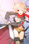  artist_request belt blonde_hair bra braid breasts bridal_gauntlets cape cleavage cropped_jacket large_breasts lingerie long_hair lowres one_eye_closed open_mouth panties plant red_eyes scarf sheath solo sword sword_girls thighhighs underwear vines weapon 