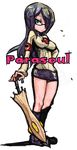  black_hair blue_eyes boots breasts character_name cross english glasses hair_over_one_eye impossible_clothes impossible_clothing kometsubu large_breasts legs long_hair miniskirt open_mouth parasoul_(skullgirls) short_skirt skirt skullgirls solo umbrella 