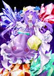  book bow colorized crescent crystal dress hair_bow hair_ribbon hat highres kikuchi long_hair long_sleeves open_book patchouli_knowledge purple_eyes purple_hair ribbon sidelocks sitting sleeves_past_wrists smile solo spell_card touhou tsurukame 
