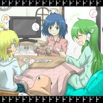  ... 3girls aqua_eyes beamed_eighth_notes blonde_hair blue_hair calendar_(object) card commentary_request eighth_note frog_hair_ornament green_hair hair_ornament hair_tubes hat holding holding_card kochiya_sanae kotatsu moriya_suwako multiple_girls musical_note nobamo_pieruda playing_card spoken_musical_note table television touhou yasaka_kanako 