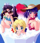  3girls absurdres ahoge artoria_pendragon_(all) black_(type-moon) blush_stickers chibi eating fate/stay_night fate_(series) hat highres matou_sakura multiple_girls saber shaved_ice sunglasses toosaka_rin 