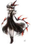  akaitera albino alternate_costume arms_behind_back ascot bad_id bad_pixiv_id banned_artist boots crazy_eyes dark_persona dress evil_grin evil_smile flandre_scarlet full_body grin hat highres looking_at_viewer pale_skin red_eyes revision short_hair simple_background smile solo touhou wings 