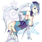  bare_shoulders blue_eyes blue_hair blue_rose_(tiger_&amp;_bunny) boots breasts cleavage crystal_earrings earrings elbow_gloves gloves gun hat holster jewelry karina_lyle large_breasts lipstick machi_wt makeup short_hair solo superhero thigh_boots thighhighs tiger_&amp;_bunny weapon 