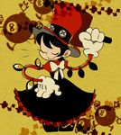  alternate_color black_dress black_hair bomb bow capelet closed_eyes dress eyes george_the_bomb gloves hammer hand_on_hip hat mechanical_arms peacock_(skullgirls) ribbon short_hair skullgirls smile solo standing top_hat walking weapon yellow_background yojio_(2188) 