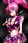  blue_eyes breasts choker cure_melody eyelashes houjou_hibiki kamen_rider kamen_rider_hibiki kamen_rider_hibiki_(series) midriff namesake navel parody pink_hair precure purple_choker small_breasts solo suite_precure sword tj-type1 twintails weapon 