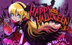  1girl bat blonde_hair blood blue_eyes candy coffin fang halloween happy_halloween headband heart jack-o&#039;-lantern jack-o'-lantern long_hair monster_girl moon original pointy_ears pumpkin skull solo straw ume_(illegal_bible) vampire very_long_hair wings 