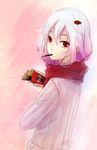  alternate_costume cookie_ex eating food guilty_crown hair_ornament hairclip long_hair pink_hair pocky red_eyes scarf solo sweater yuzuriha_inori 