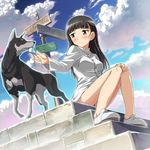  black_hair blush brown_eyes cloud day dog eyepatch eyepatch_removed familiar hi-ho- long_hair military military_uniform sakamoto_mio signpost sitting sitting_on_stairs sky solo stairs strike_witches uniform world_witches_series 
