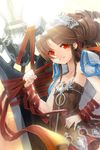  argyle artist_request backlighting blurry brown_hair coat depth_of_field dress drill_hair flat_chest hair_ornament huge_weapon long_hair lowres lukif perspective red_eyes ribbon skirt smile solo sword sword_girls weapon 