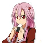  blush eating food guilty_crown hair_ornament hairclip kueru_(yuuki_tamerawanai) long_hair onigiri pink_hair red_eyes school_uniform solo twintails yuzuriha_inori 