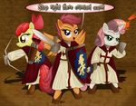  applebloom_(mlp) armor arrow bow bow_(weapon) cutie_mark_crusaders_(mlp) dcencia dialog dialogue equine female friendship_is_magic horn horse knight looking_at_viewer mammal my_little_pony pegasus pony pose ranged_weapon scootaloo_(mlp) shield sweetie_belle_(mlp) sword text unicorn warrior weapon wings 
