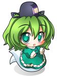  chibi dress ghost green_dress green_eyes green_hair hat open_mouth shinjitsu soga_no_tojiko solo touhou 