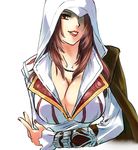  assassin's_creed_(series) assassin's_creed_ii bad_id bad_pixiv_id breasts cape cleavage ezio_auditore_da_firenze genderswap genderswap_(mtf) hair_over_one_eye hood huge_breasts jewelry long_hair necklace red_hair scar simple_background smile solo tatsuri_(forest_penguin) vambraces white_background 