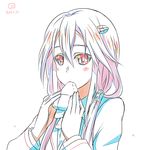  blush eating food guilty_crown hair_ornament hairclip kueru_(yuuki_tamerawanai) long_hair onigiri school_uniform solo twintails yuzuriha_inori 