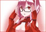  bare_shoulders bespectacled breasts center_opening cleavage fingerless_gloves glasses gloves guilty_crown hair_ornament hairclip highres long_hair medium_breasts onikiri open_mouth pink_hair red_eyes solo yuzuriha_inori 