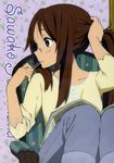  adjusting_hair artist_request brown_eyes brown_hair character_name couch glasses hand_in_hair highres indoors k-on! long_hair magazine mouth_hold non-web_source official_art pants profile rubber_band scan sitting solo yamanaka_sawako 