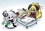 =_= animal_ears bed blonde_hair butterfly_hair_ornament chibi cloak cross fang glasses grey_hair hair_ornament horns leaf long_hair multiple_girls pixiv_fantasia pixiv_fantasia_wizard_and_knight pointy_ears red_eyes silver_hair sleeves_past_wrists tail yanagi_(nurikoboshi) 