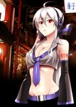  ahoge bare_shoulders belt breasts caffein cleavage collarbone crop_top detached_sleeves groin hair_ribbon headphones highres large_breasts long_hair looking_at_viewer md5_mismatch midriff navel necktie red_eyes ribbon silver_hair solo upper_body vocaloid yowane_haku 