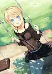  :d ahoge artoria_pendragon_(all) blonde_hair blue_eyes fate/stay_night fate_(series) open_mouth saber smile solo swing thighhighs unagi_no_pai white_legwear 