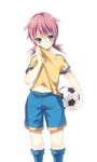  bad_id bad_pixiv_id ball blue_eyes inazuma_eleven_(series) inazuma_eleven_go kirino_ranmaru male_focus navel otoko_no_ko otototo pink_hair raimon raimon_soccer_uniform simple_background soccer_ball soccer_uniform solo sportswear sweat telstar twintails white_background 